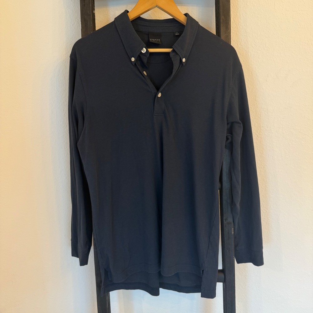Dunning Golf‎ Knit Button Down Long Sleeve Shirt Mens Small Navy Blue